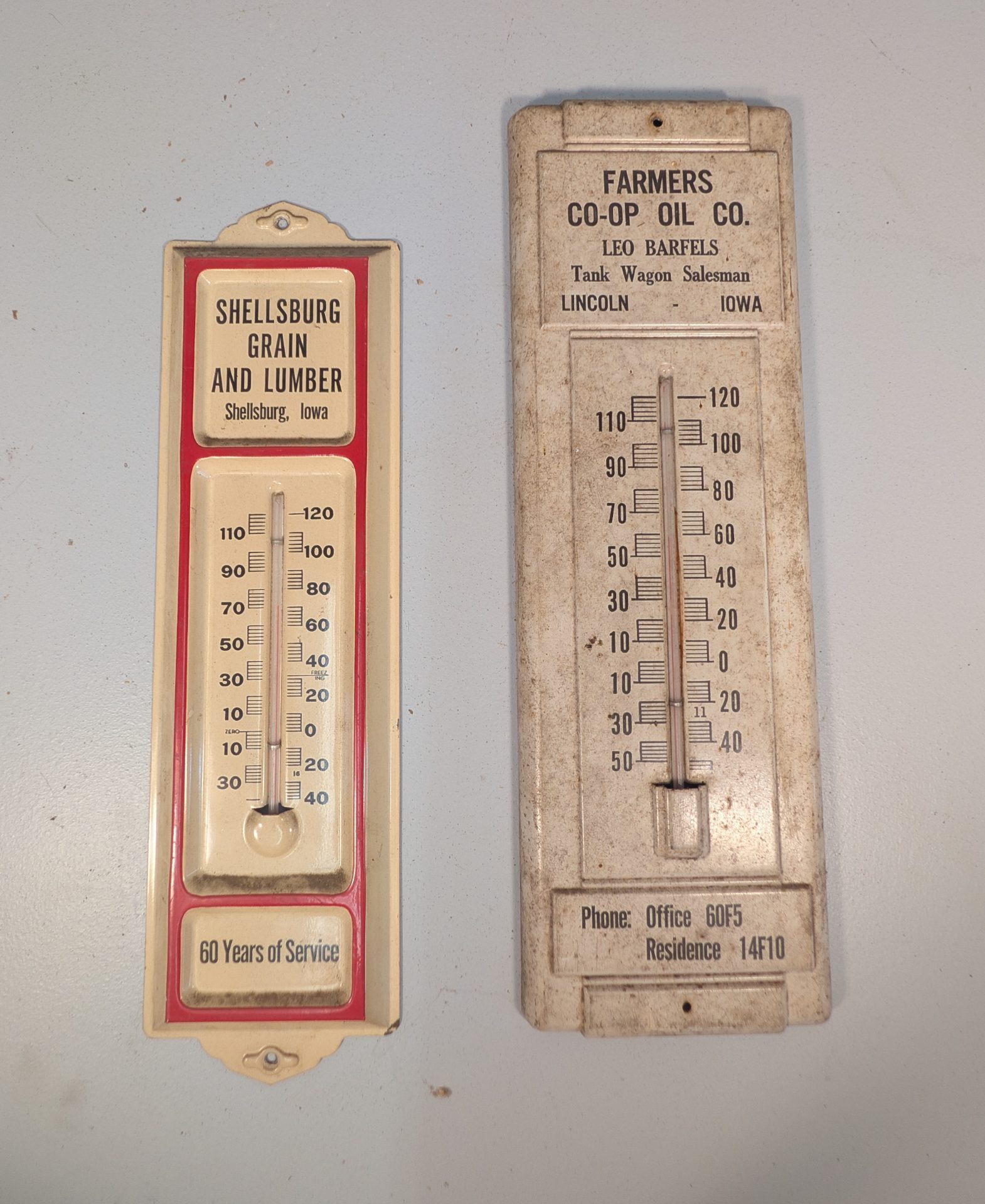 Pair of Vintage Advertising Wall Thermometers Shellsburg Grain & Farmers Co-op Oil