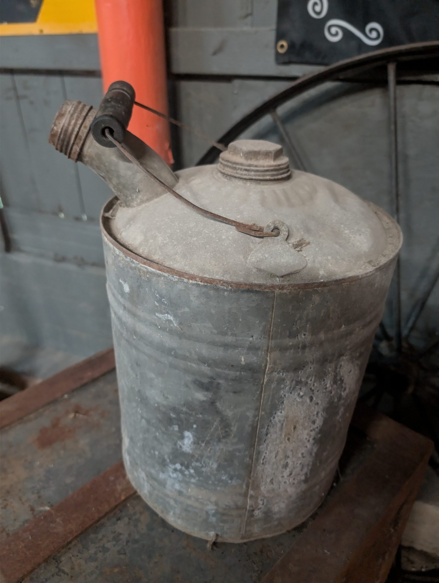 Antique Galvanized Steel 2-Gallon Gas/Fuel Can — Swing Handle, Spout, Circa 1930s–1950s