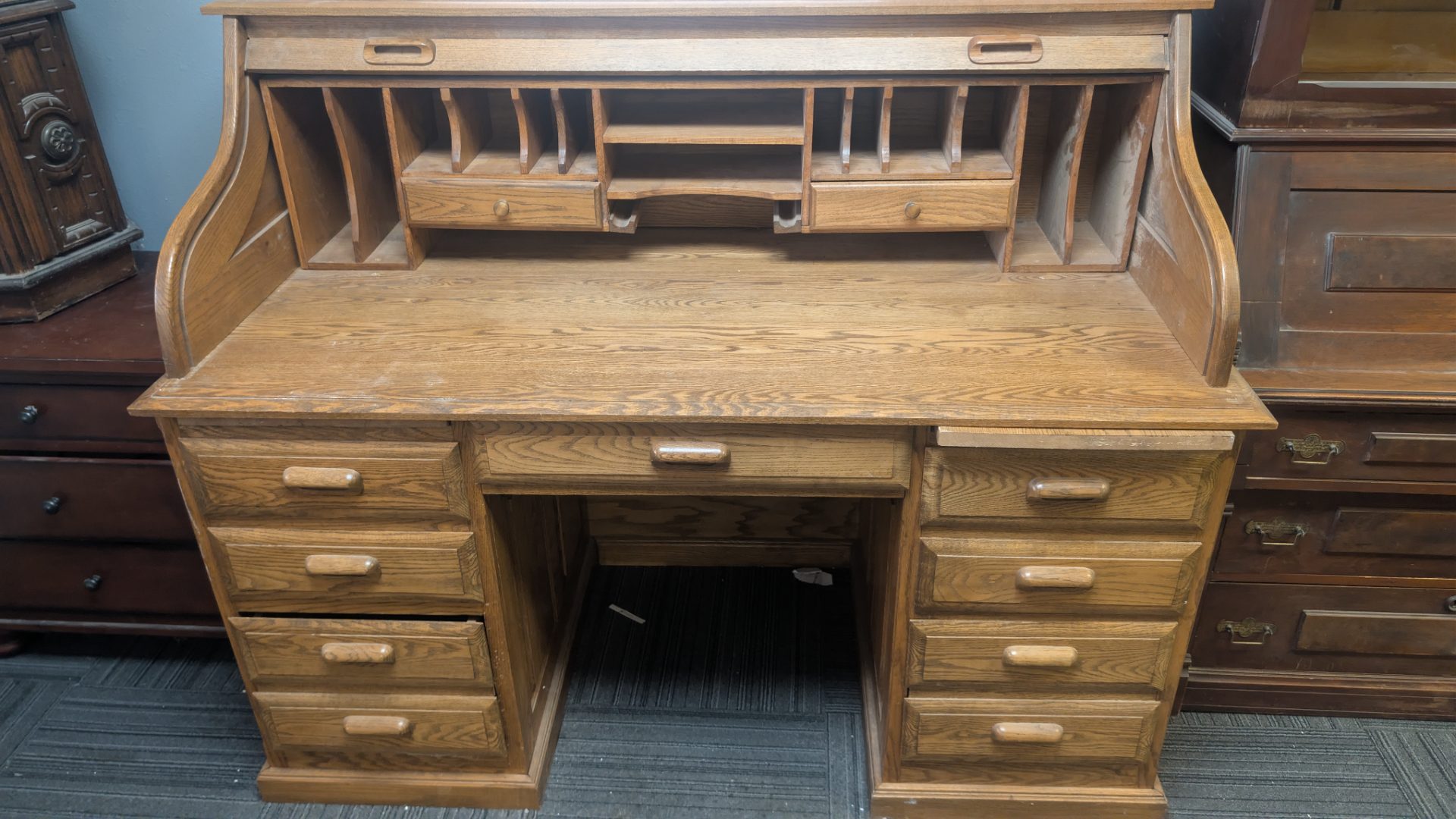 Solid Oak Double Pedestal Executive Desk with Open Hutch Organizer — Vintage 1980s–90s