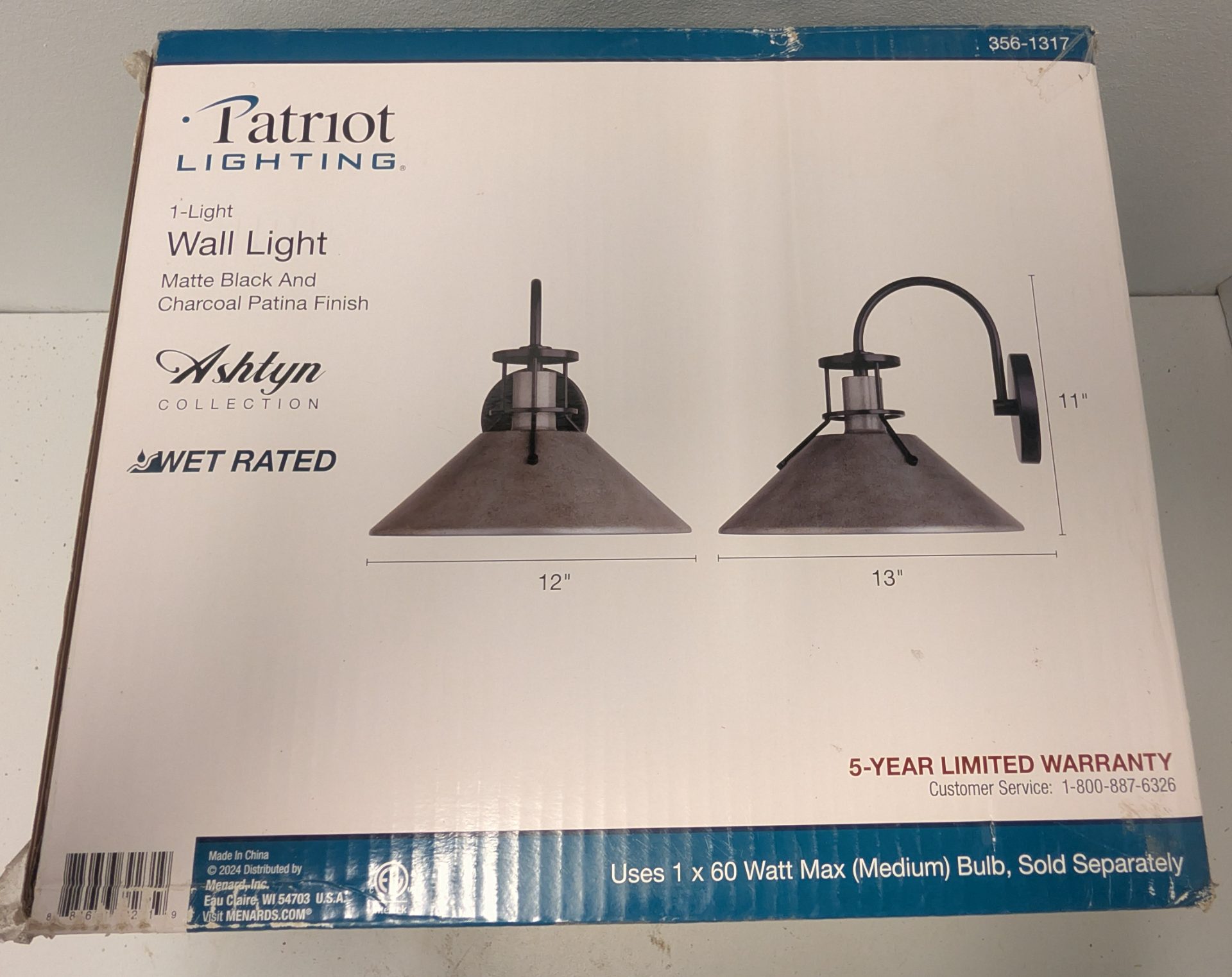 Patriot Lighting Ashlyn 1-Light Wall Light Matte Black and Charcoal Patina