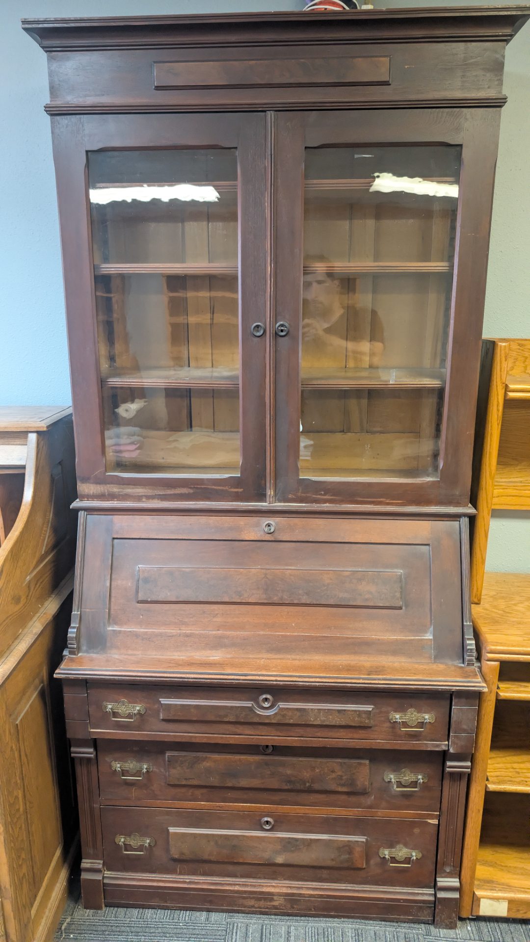 Antique Victorian Eastlake Walnut & Burl Drop-Front Secretary Desk with Glass-Door Bookcase, c. 1880–1895