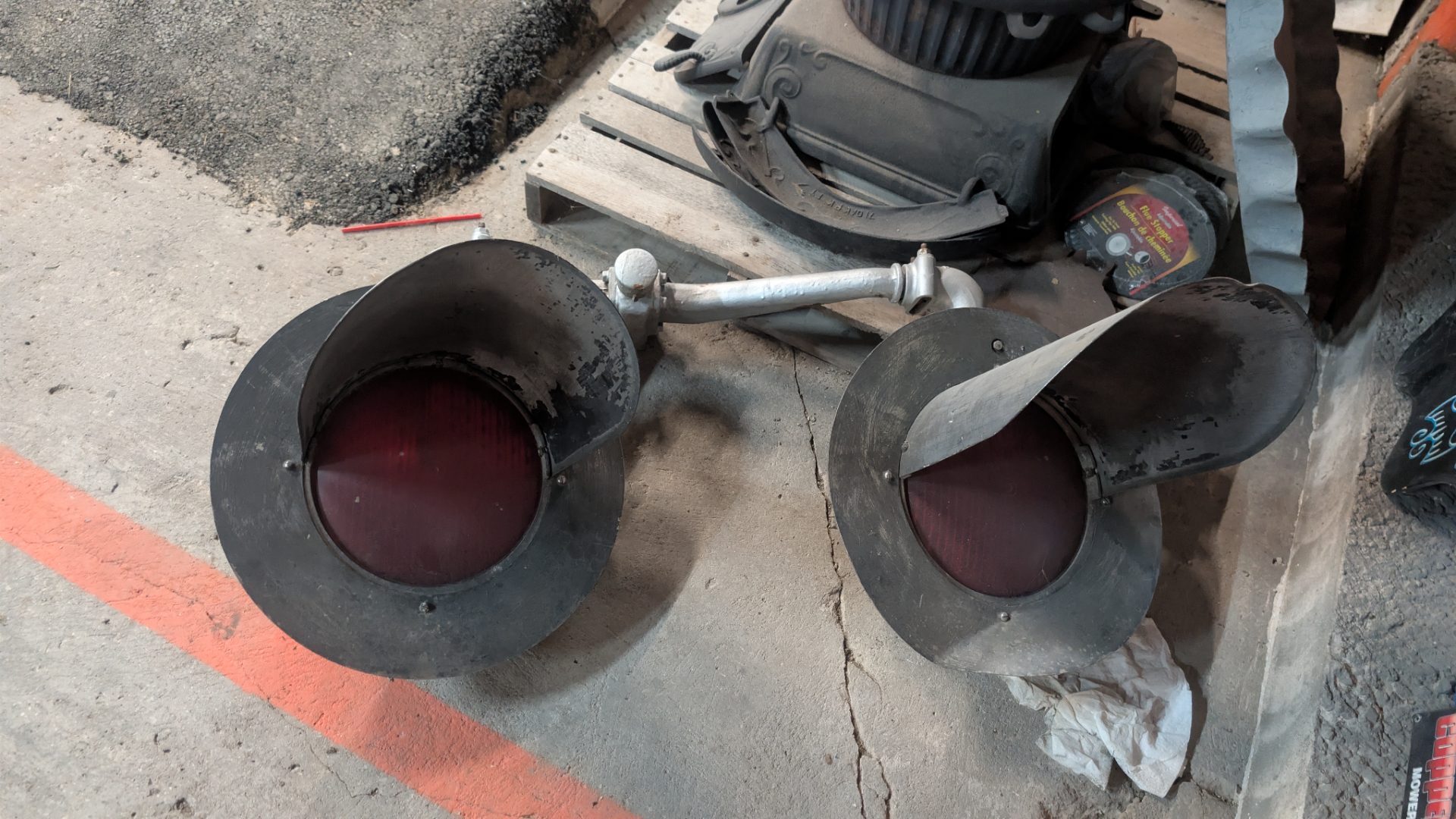 Pair of Vintage Cast Iron Railroad Crossing Signal Lights with Red Lenses