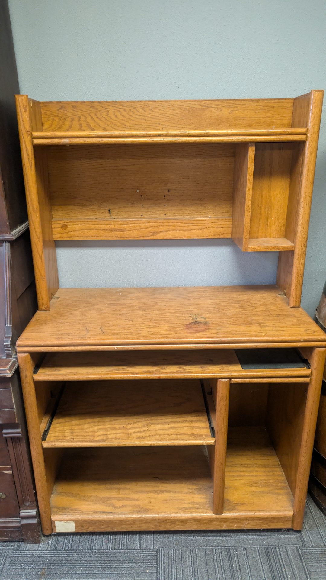 Vintage Oak Computer Desk with Hutch & Sliding Keyboard Tray — 1990s Home Office