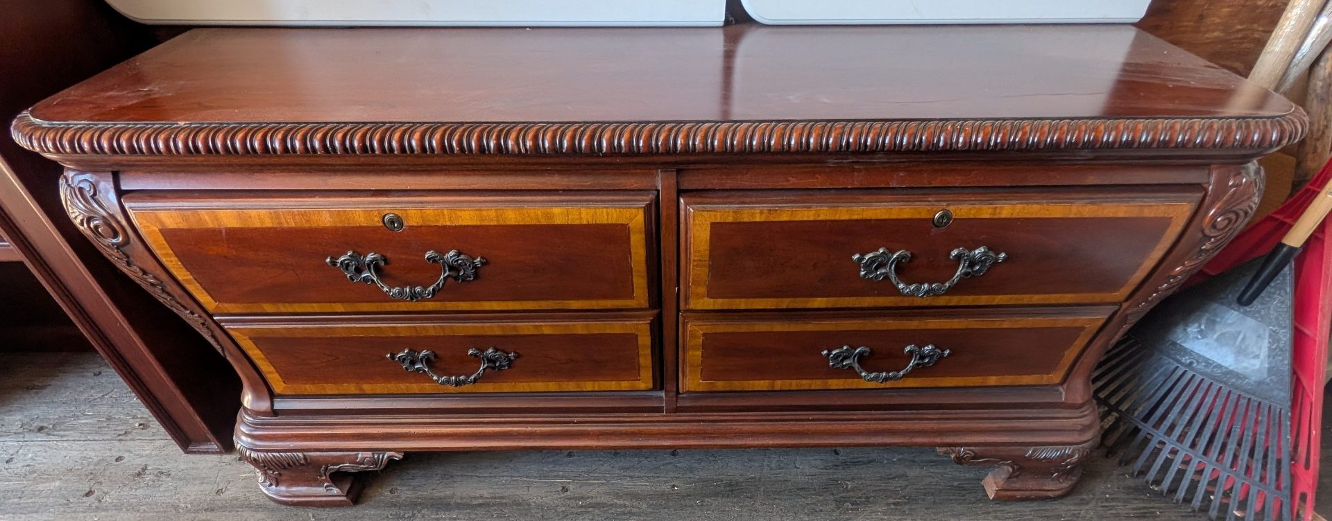 Georgian/Chippendale Revival Mahogany 2-Piece Dresser & Open Bookcase Hutch — Gadroon Carved, Satinwood Inlay, Brass Bail Pulls
