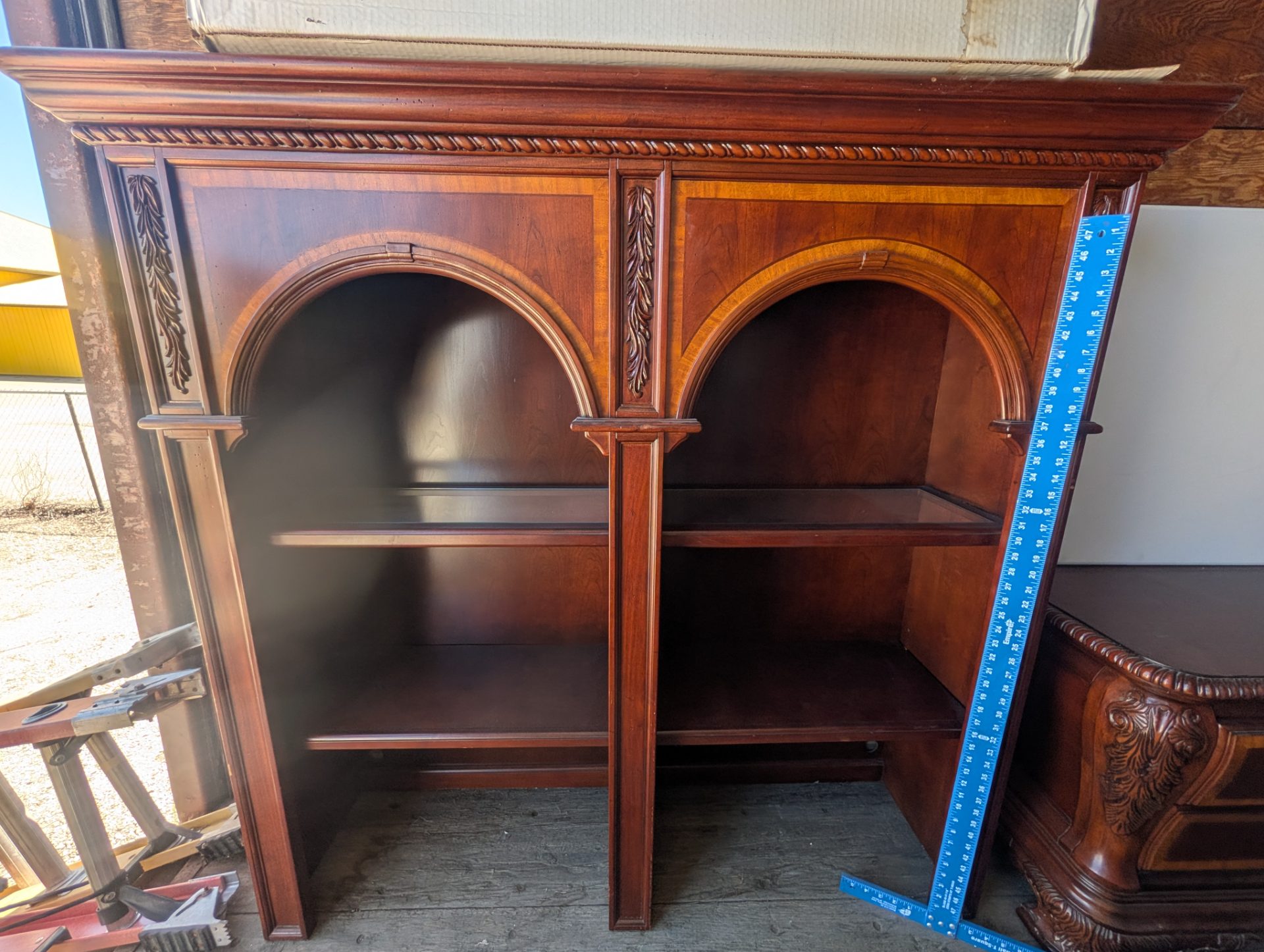 Georgian/Chippendale Revival Mahogany 2-Piece Dresser & Open Bookcase Hutch — Gadroon Carved, Satinwood Inlay, Brass Bail Pulls — photo 2