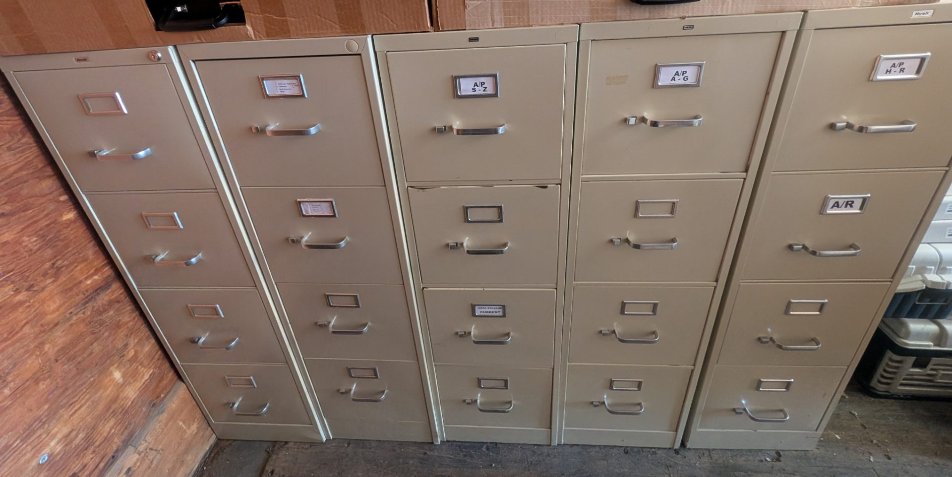 Lot of 5 Vintage 4-Drawer Metal Vertical Filing Cabinets — Putty/Tan, HON/Steelcase Style