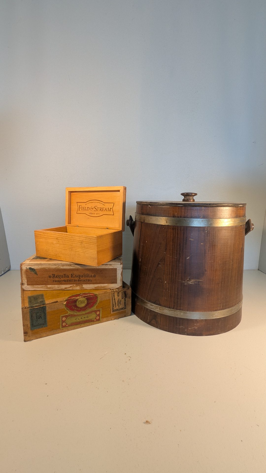 Mid-Century Modern Wood Barrel Ice Bucket with Metal Bands and Handles