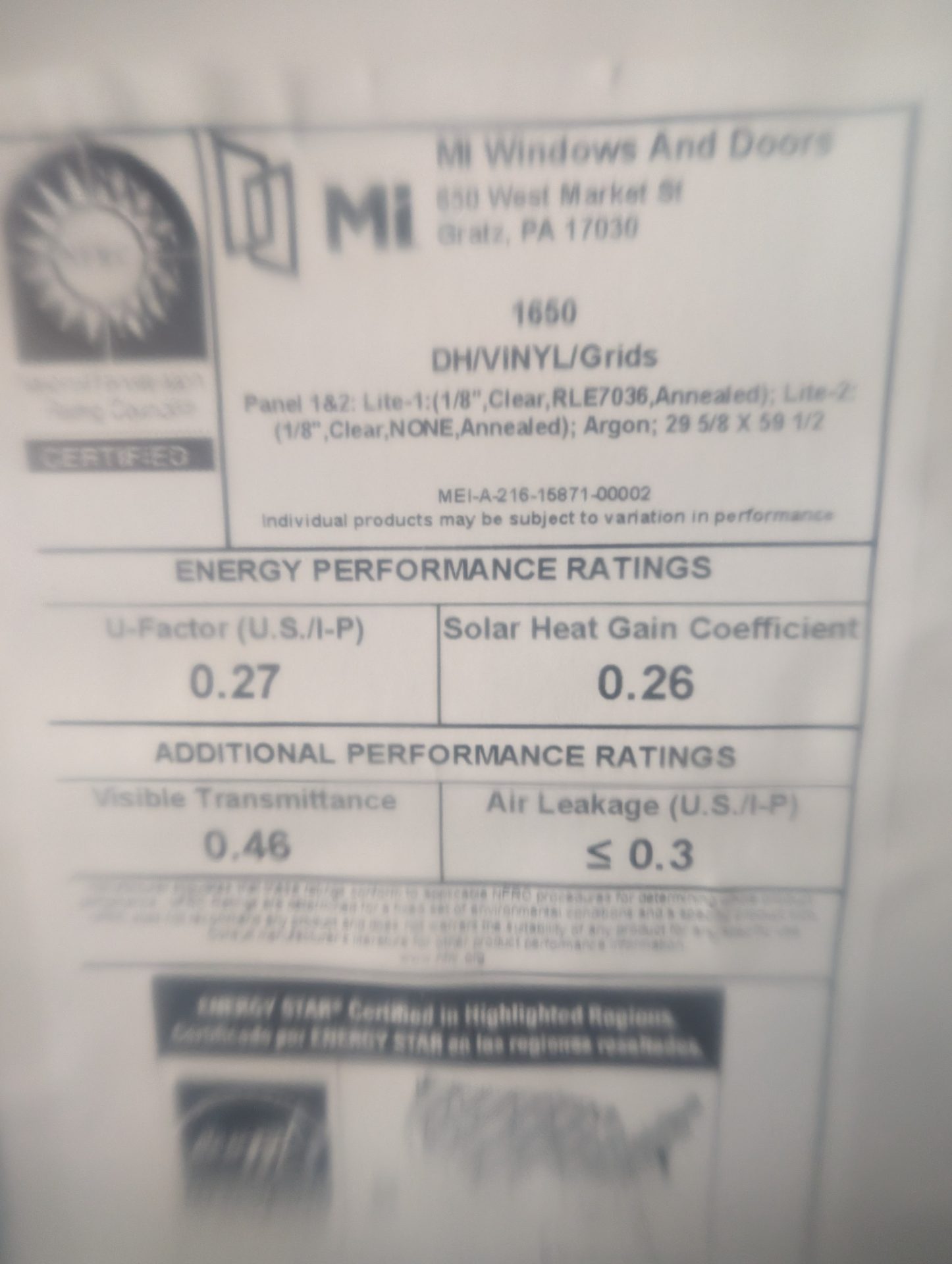 MI Windows & Doors 1650 Series Double-Hung Vinyl Window w/ Grids — 29 5/8" × 59 1/2", Low-E Argon, ENERGY STAR
