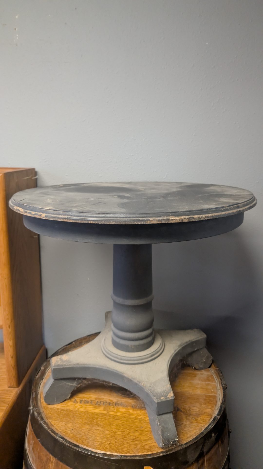 Antique Round Pedestal Accent Table — Victorian/Empire Style, Chalk-Painted Charcoal Gray, Turned Column & Tripod Base
