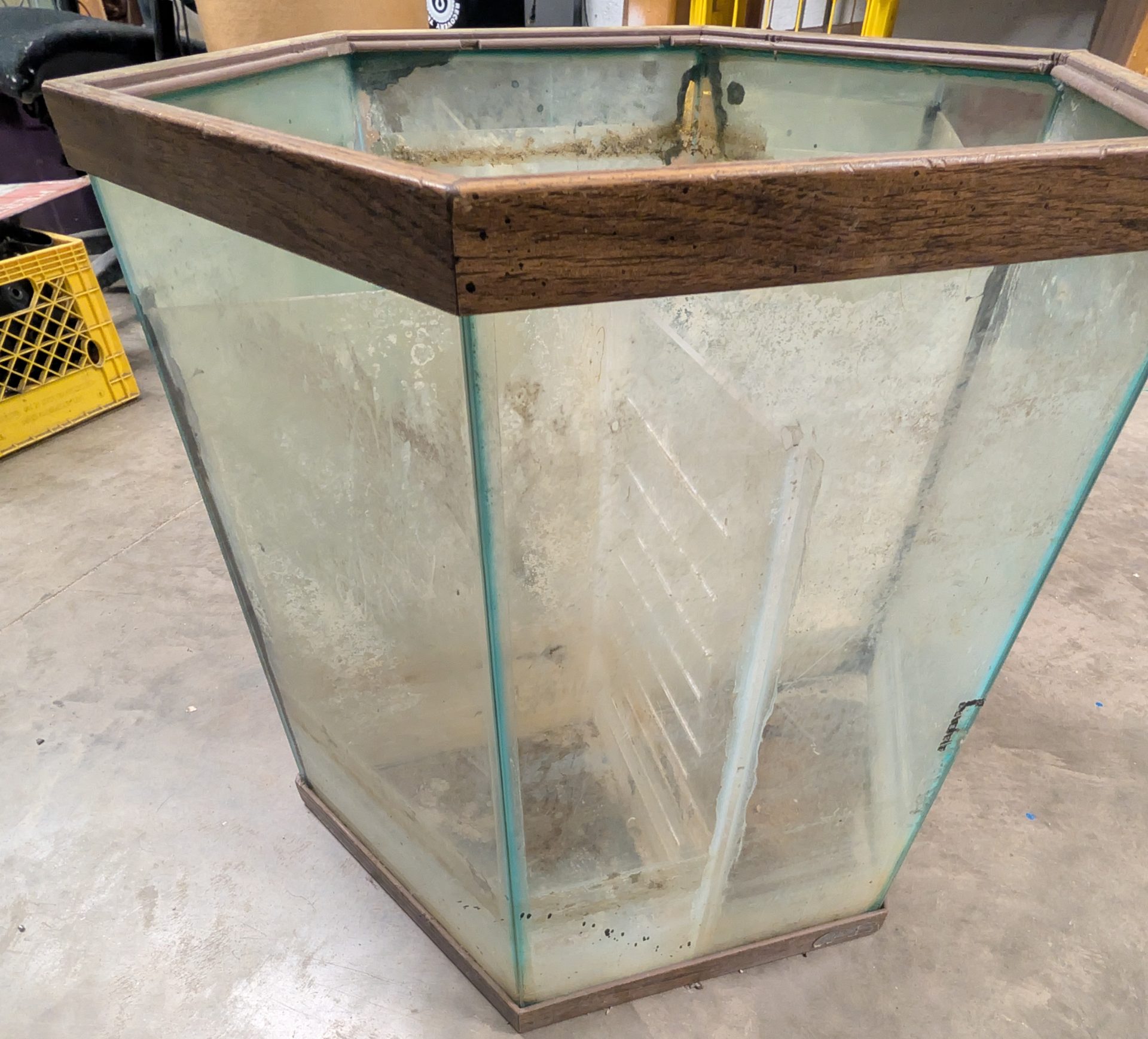 Hexagonal Glass Aquarium Tank with Wood Trim and Light Hood